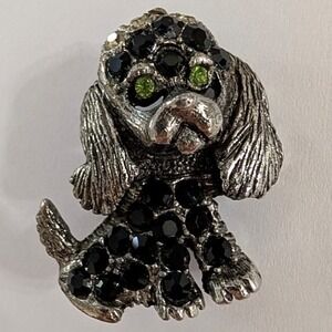 Vintage Cocker Spaniel Brooch Black Rhinestone Dog Pin Green Eyes Silver Tone